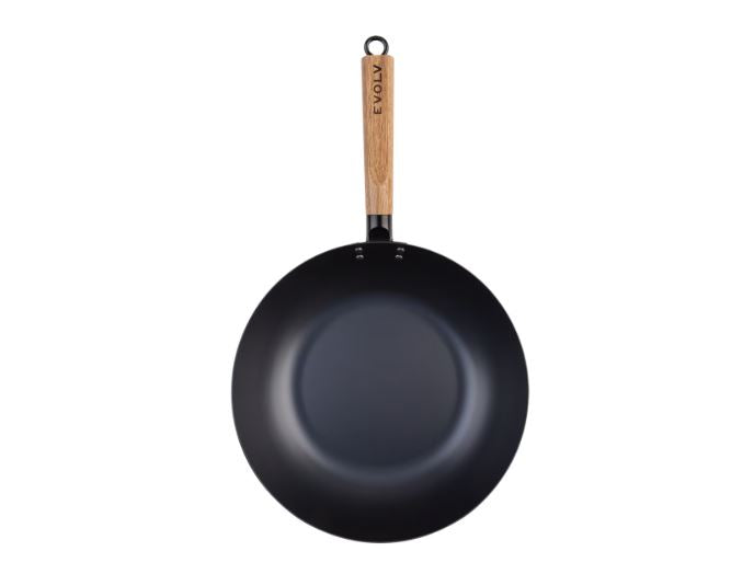 Evolv Pre-Seasoned Carbon Steel Stir Fry Pan 30cm with Acacia Wood Handle
