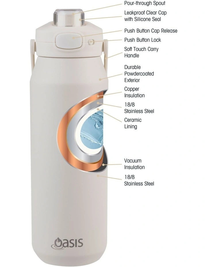 Oasis Ceramic Stainless Steel Triple Wall Insulated Capri Drink Bottle with Quick Release Lid 750ml - Alabaster