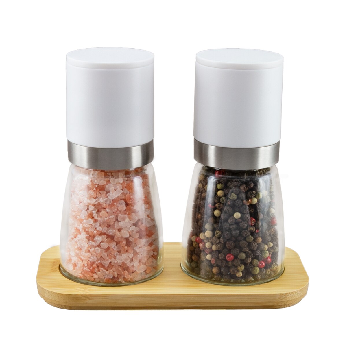 Integra Classic Upside-Down S&P Mill Set w/ Tray (Gourmet Pepper & Himalayan Salt) - White Top/Glass Jar