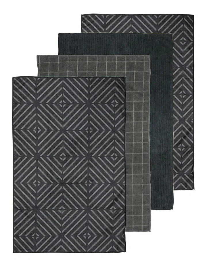 Ladelle Benton Charcoal Microfibre 4pk Kitchen Towels - 43x68cm