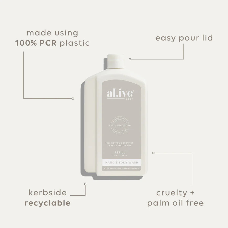 al.ive Hand & Body Wash Refill 1L - Sea Cotton & Coconut (Made in Australia)