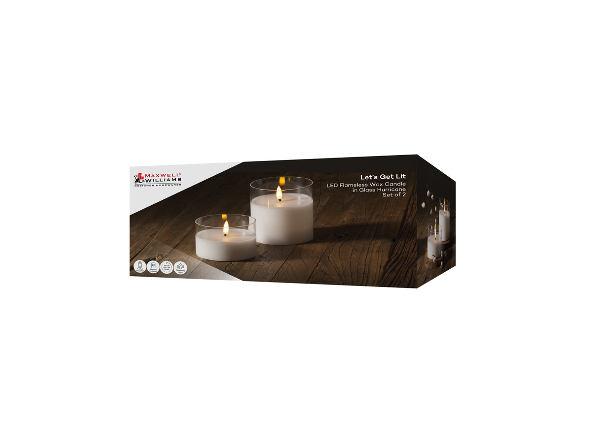 Maxwell & Williams Let's Get Lit LED Flameless Candle Glass Hurricane Clear Set of 2 Gift Boxed