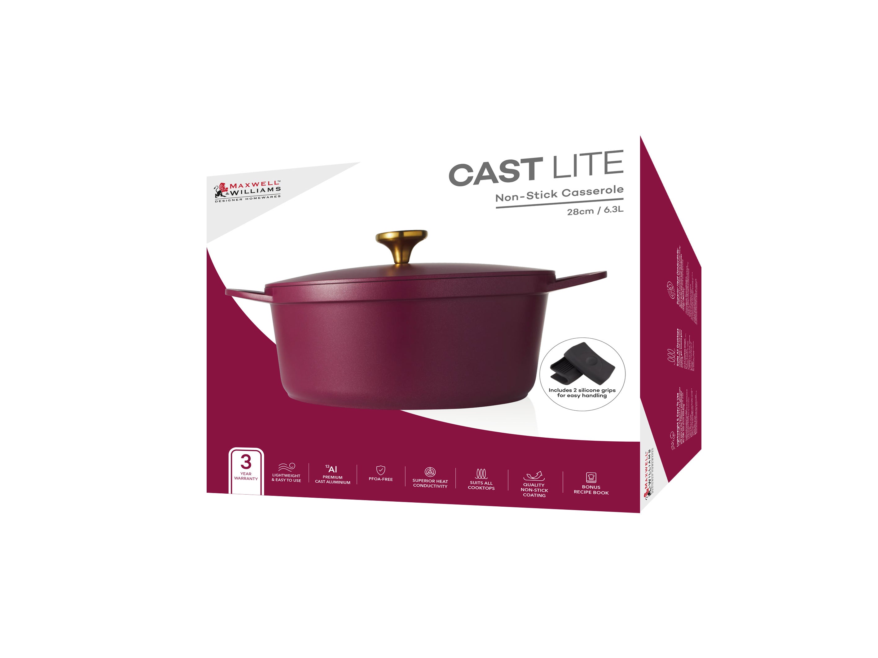 Maxwell & Williams Cast Lite Non-Stick Casserole 28cm / 6.3L Cherry Gift Boxed