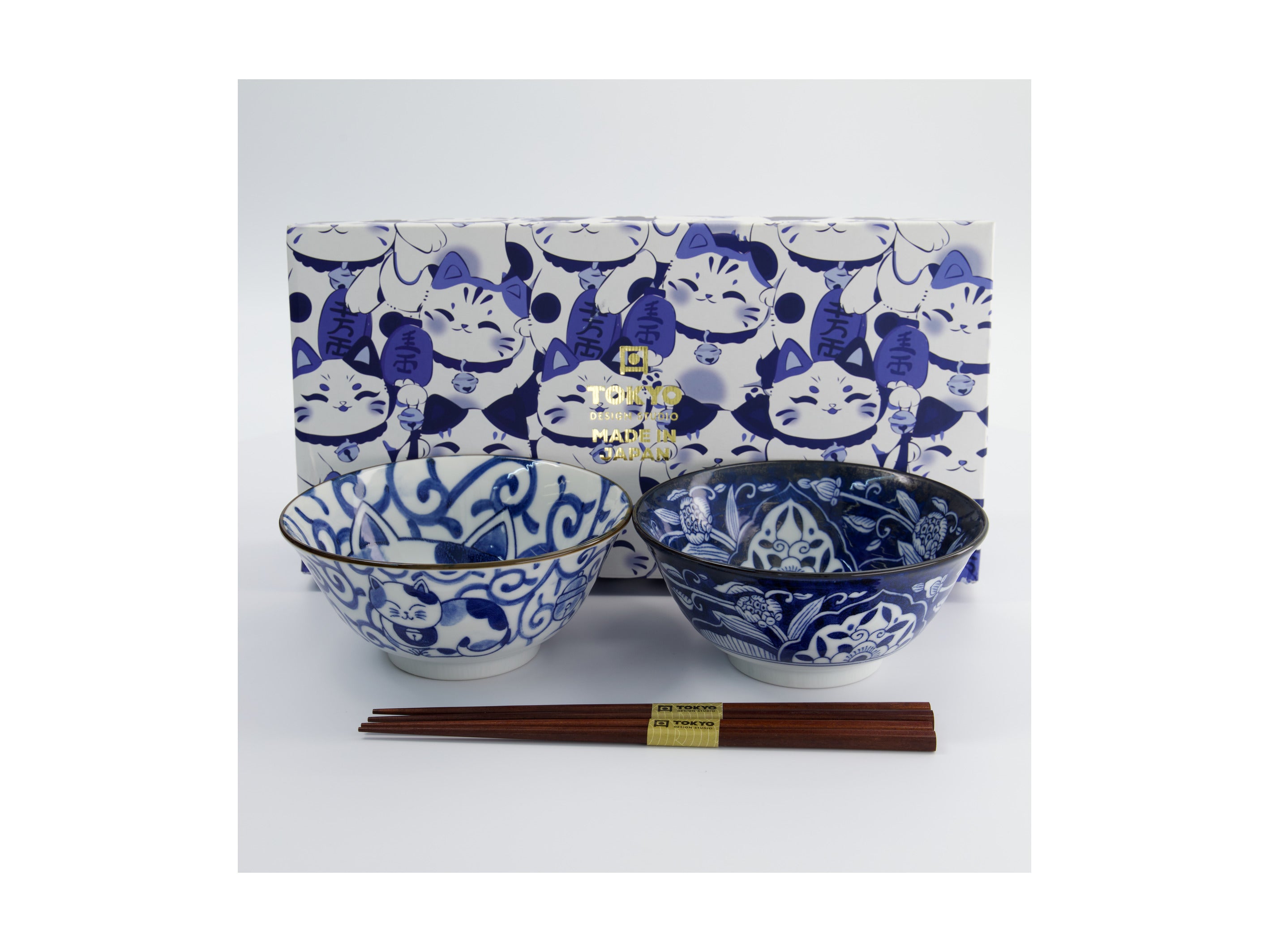 Tokyo Design Studio Kawaii Cat Neko Bowl 2pc With Chopsticks - Swirl Cat - Gift Boxed - Made In Japan
