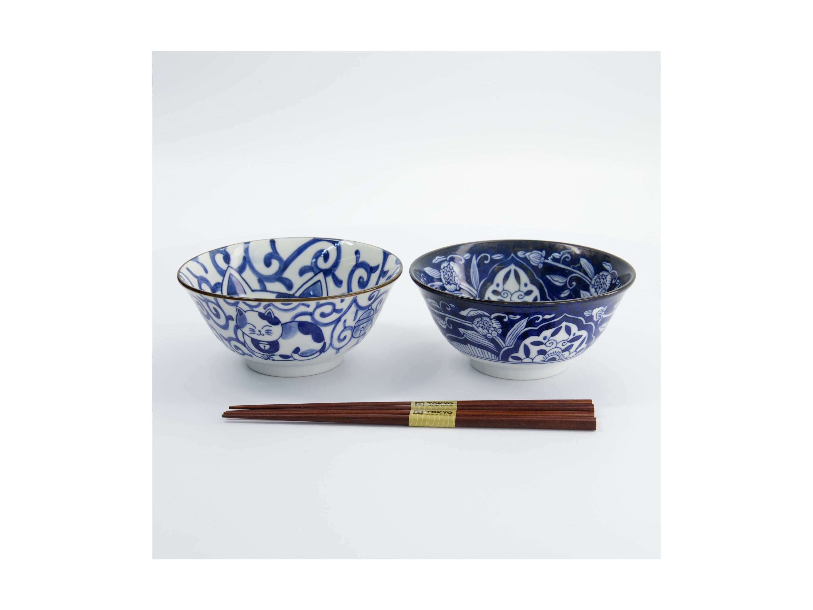 Tokyo Design Studio Kawaii Cat Neko Bowl 2pc With Chopsticks - Swirl Cat - Gift Boxed - Made In Japan