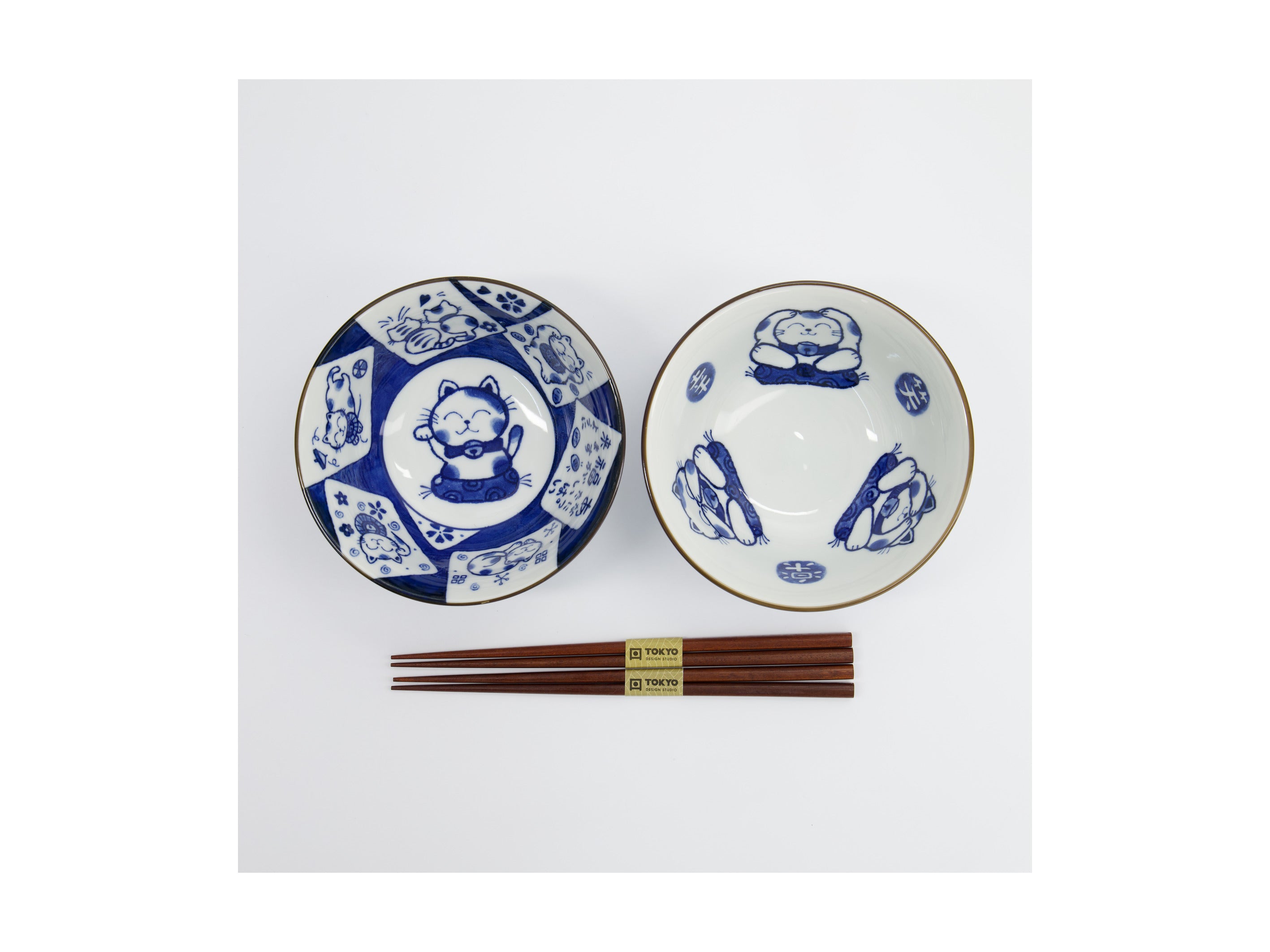 Tokyo Design Studio Kawaii Cat Neko Bowl 2pc With Chopsticks - White Cat - Gift Boxed - Made In Japan