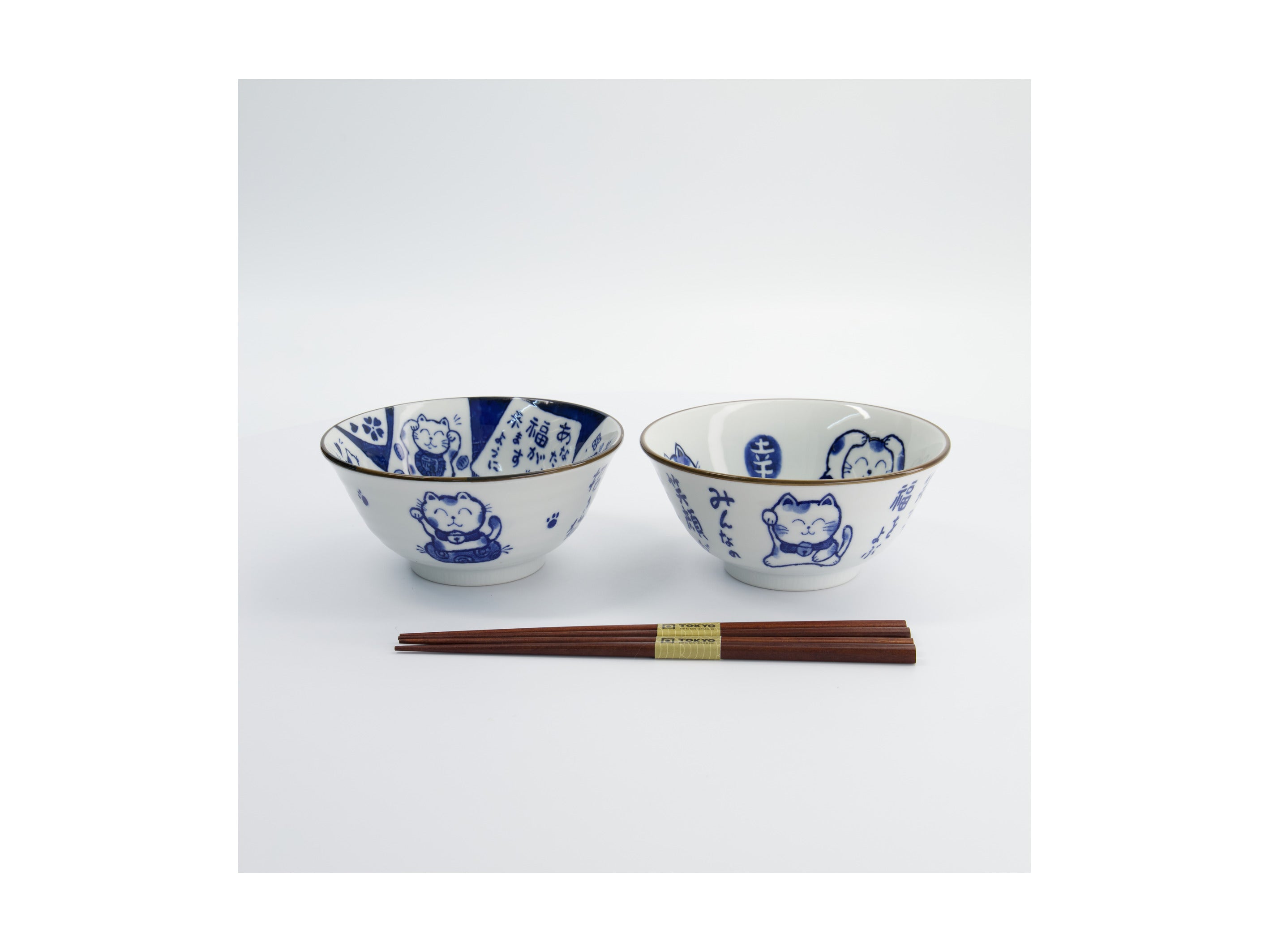 Tokyo Design Studio Kawaii Cat Neko Bowl 2pc With Chopsticks - White Cat - Gift Boxed - Made In Japan