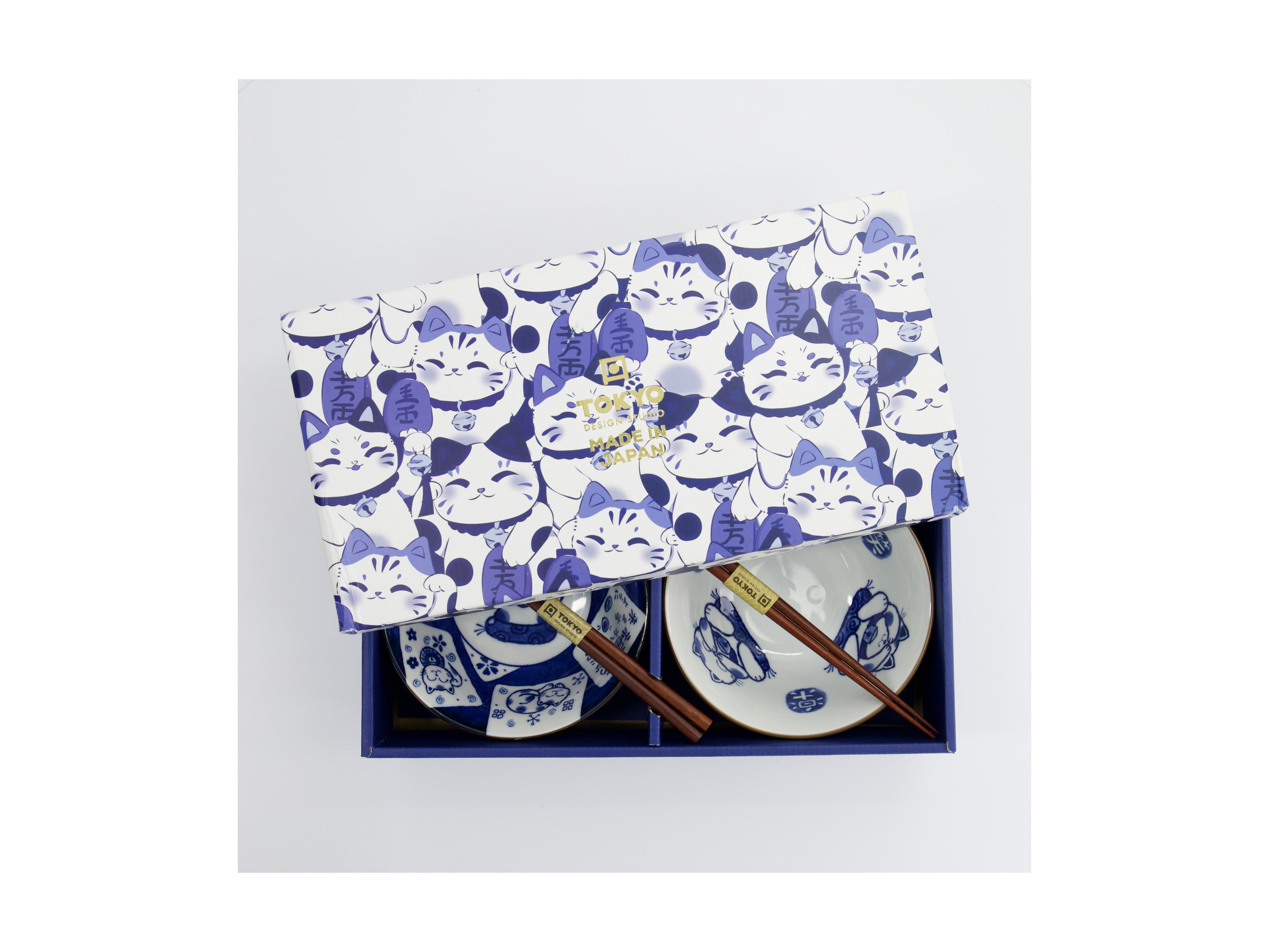 Tokyo Design Studio Kawaii Cat Neko Bowl 2pc With Chopsticks - White Cat - Gift Boxed - Made In Japan