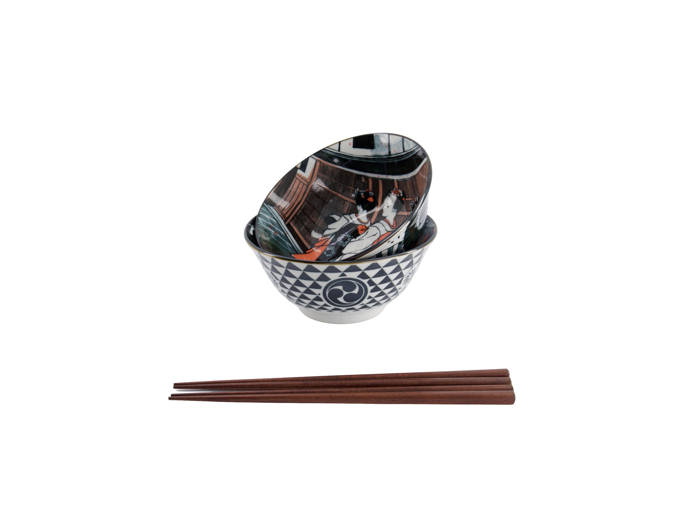 Tokyo Design Asakusa Tayo Bowl 2pc With Chopsticks Geisha - Gift Boxed