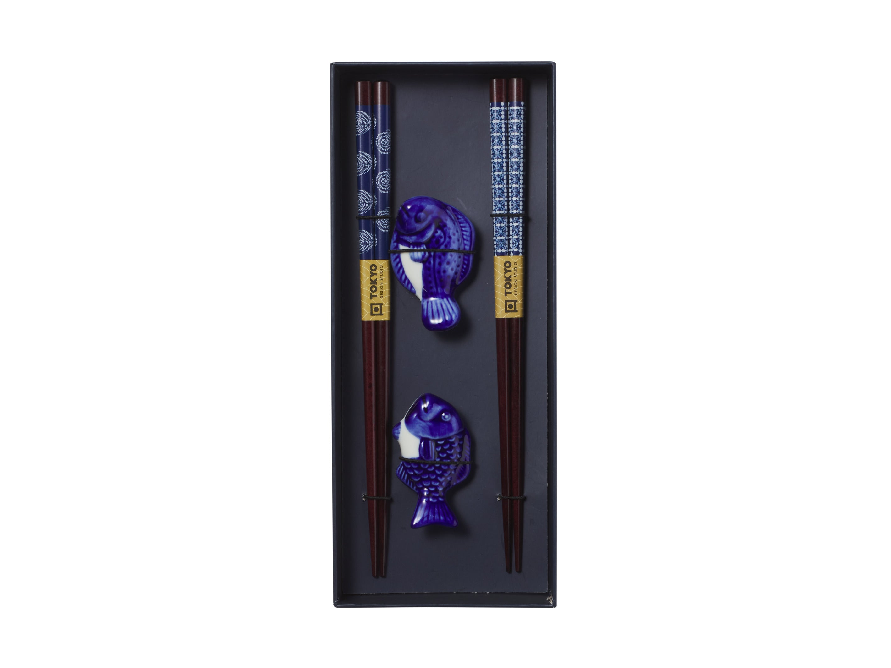 Tokyo Design Chopstick Blue Fish Chopsticks with Rest 4pc Gift Boxed Assorted