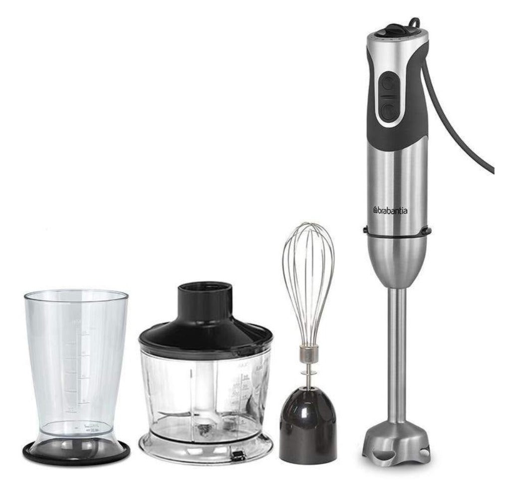 Brabantia 1000W Electric Hand Stick Blender with Beaker, Whisk & Chopping Bowl – Silver