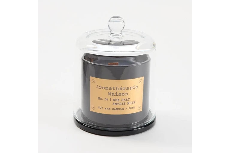 Le Desire Aromatherapie Maison Candle With Glass Dome Lid & Timber Wick - Sea Salt Amyrisk Musk - 283gr