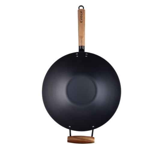 Evolv Pre-Seasoned Carbon Steel Wok 35cm with Acacia Wood Handle