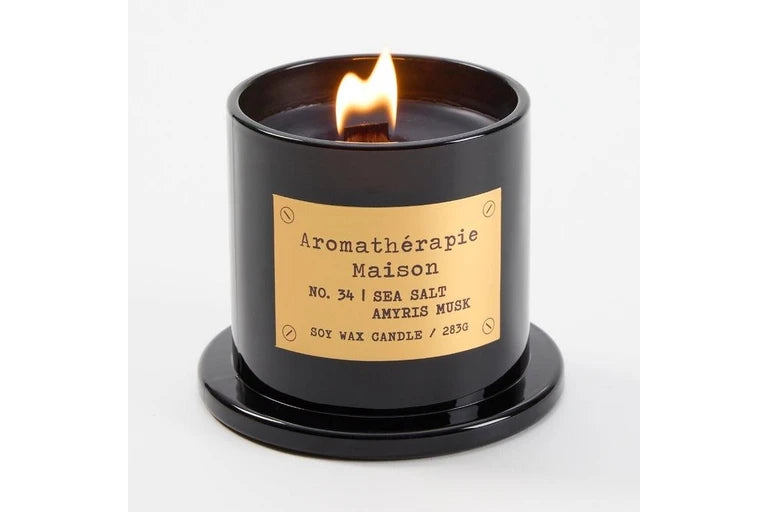 Le Desire Aromatherapie Maison Candle With Glass Dome Lid & Timber Wick - Sea Salt Amyrisk Musk - 283gr