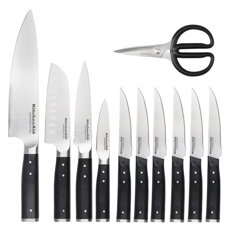 KitchenAid Gourmet 11pc Birch Wood Knife Block Set With Built-In Sharpener