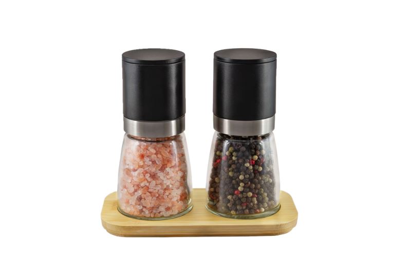 Integra Classic Upside-Down S&P Mill Set w/ Tray (Gourmet Pepper & Himalayan Salt) - Black Top/Glass Jar