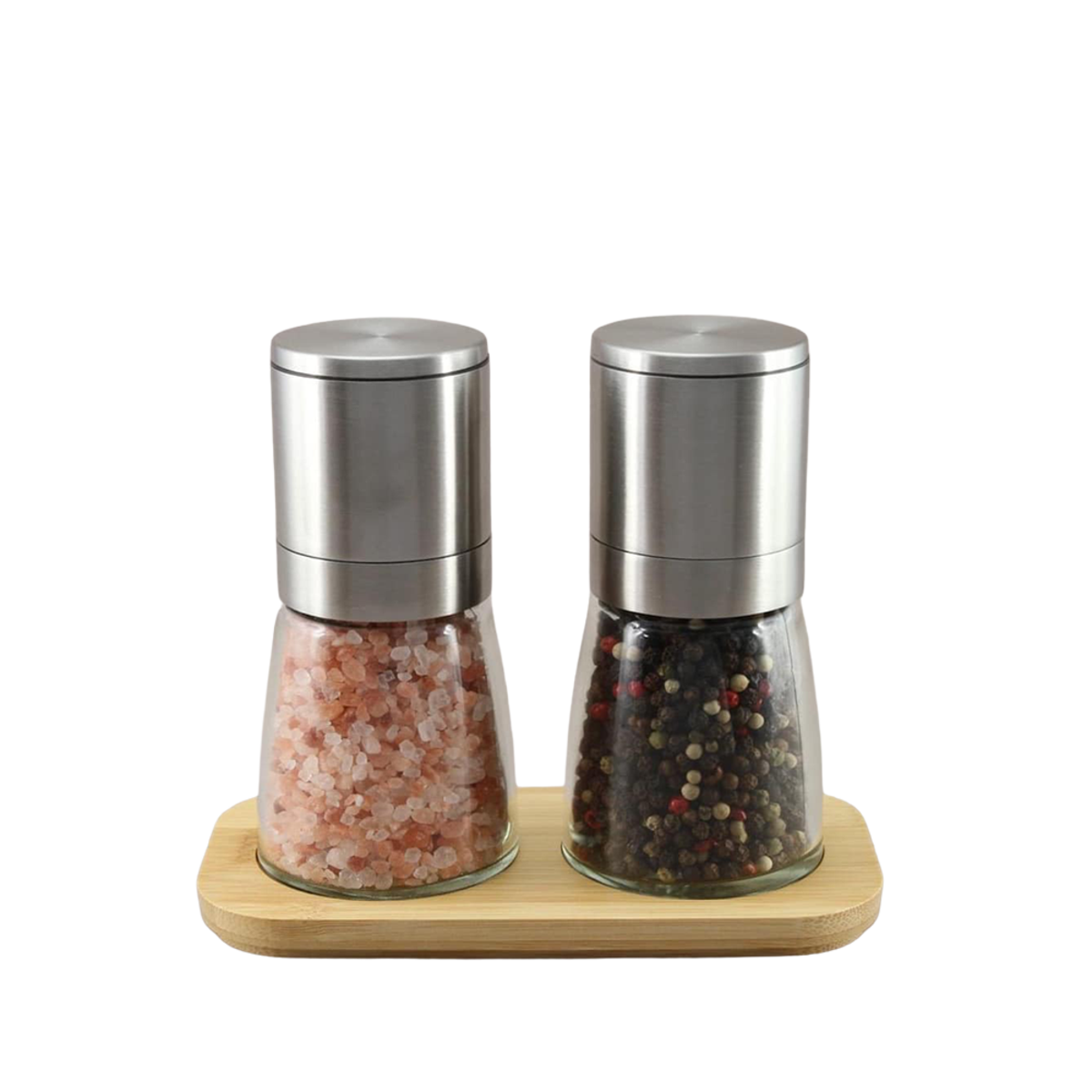 Integra Classic Upside-Down S&P Mill Set w/ Tray (Gourmet Pepper & Himalayan Salt) - Stainless Steel Top/Glass Jar
