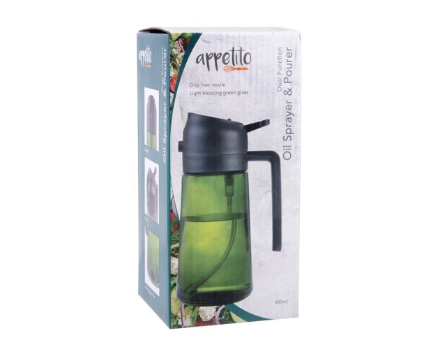 Appetito Dual Function Oil Sprayer & Pourer with Green Glass - Black