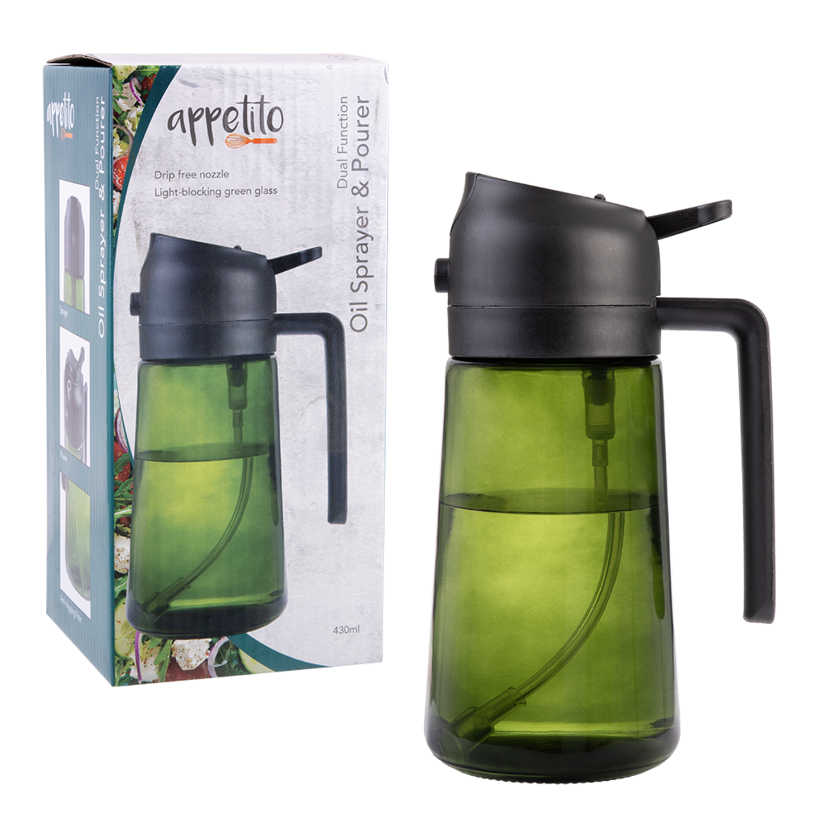 Appetito Dual Function Oil Sprayer & Pourer with Green Glass - Black