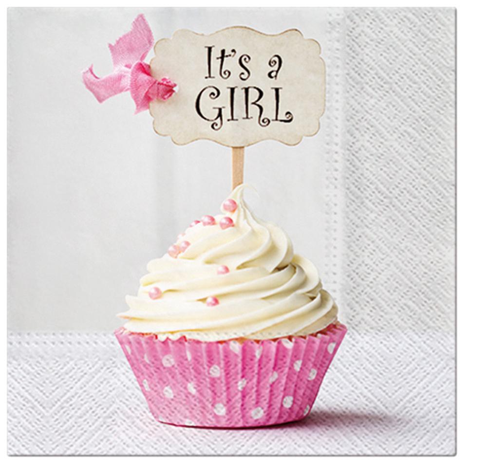 Paw Lunch Napkins "It's a Girl" - Pack of 20 - Pink Cupcake - 33x33cm