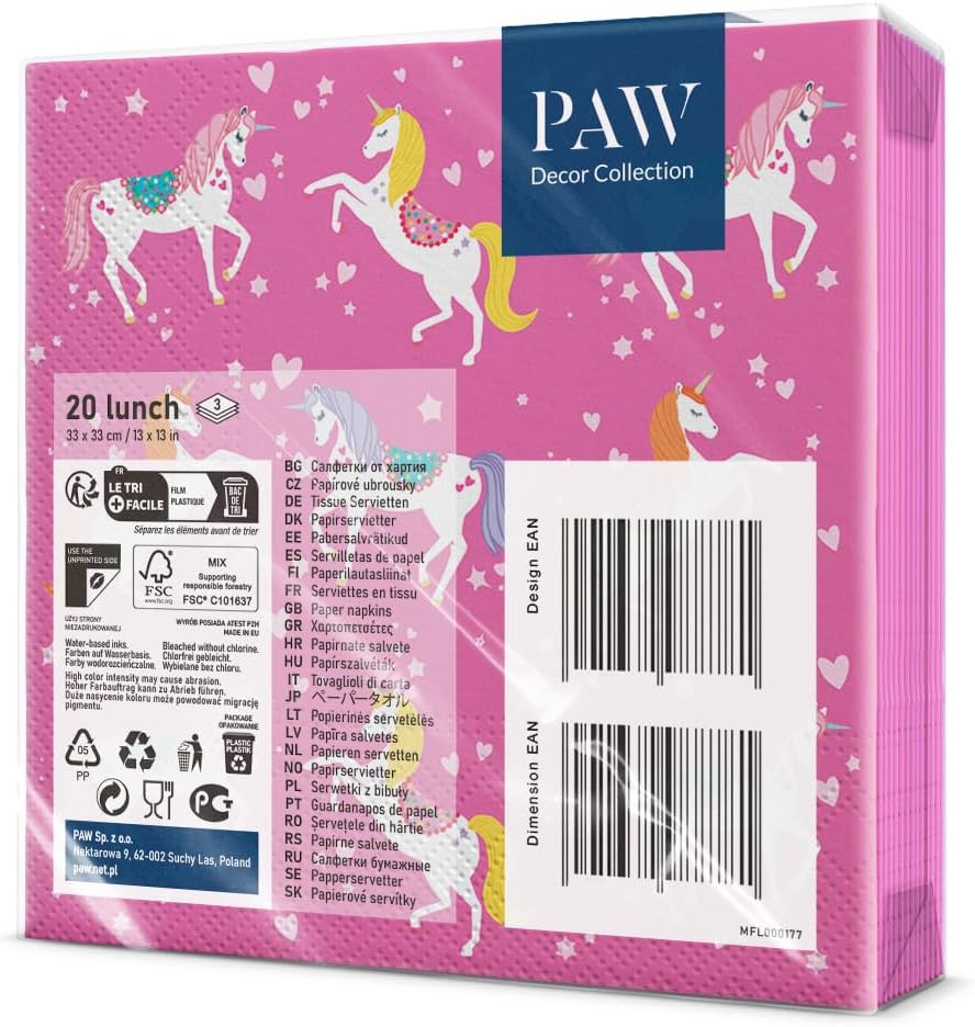 Paw Napkins - Pack of 20 - Unicorn Pattern - 33x33cm