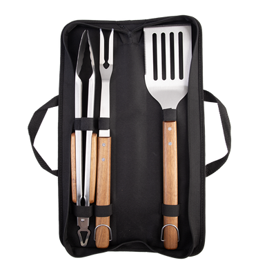 Urban Grill 3 Piece BBQ Tool Set Acacia Handles with Carry Case