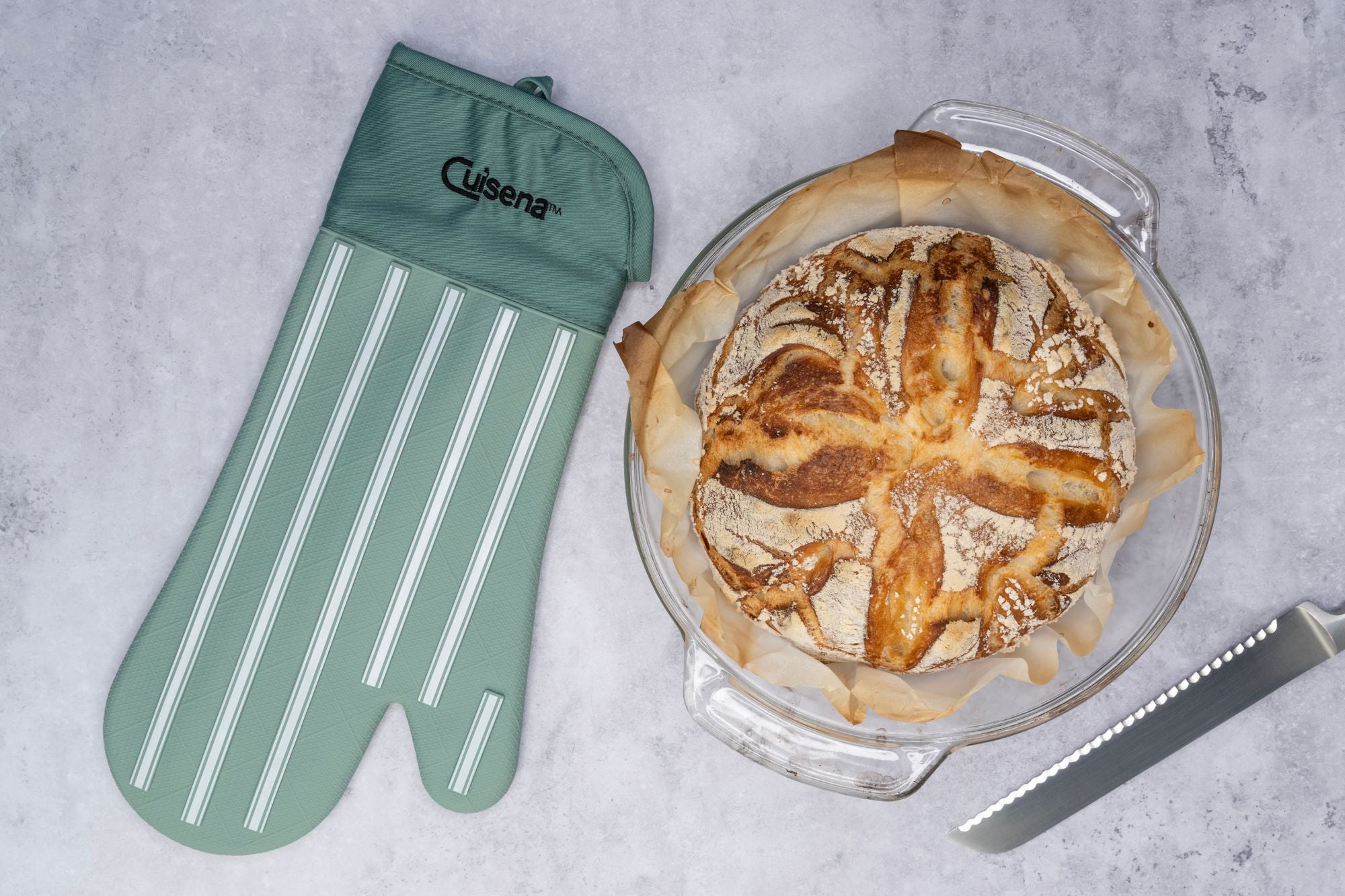 Cuisena Silicone Fabric Oven Glove - Green Stripe