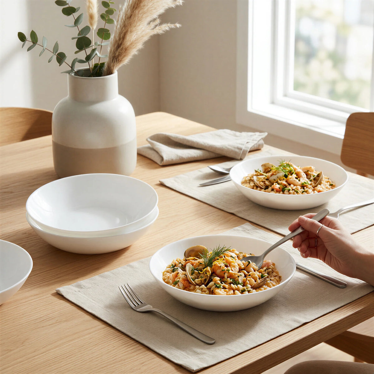 Argon 6 x Round Opal Glass Pasta/Cereal Bowls 20cm White - Pack of 6