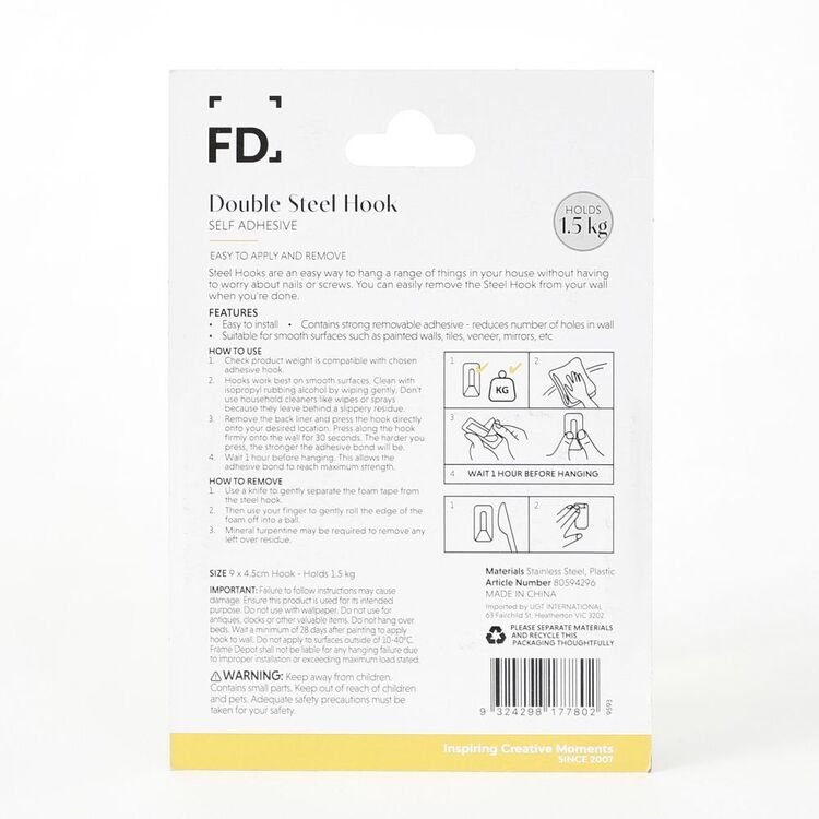 Frame Depot Self-Stick Angled Hook With 2 Hangers - Silver