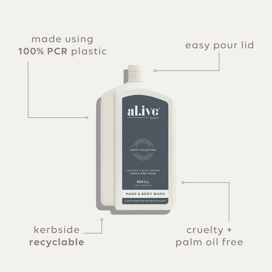 al.ive Hand & Body Wash Refill 1L - Coconut & Wild Orange (Made in Australia)