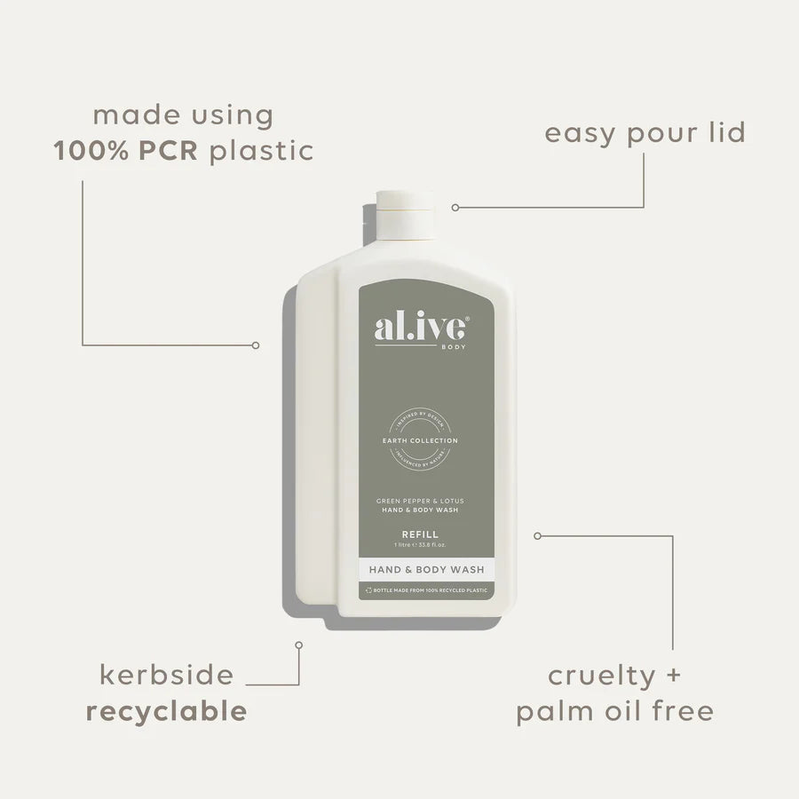 al.ive Hand & Body Wash Refill 1L - Green Pepper & Lotus (Made in Australia)