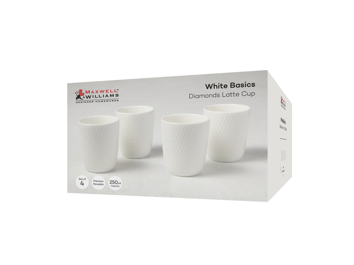 Maxwell & Williams White Basics Diamonds Latte Cup 250ml Set of 4 Gift Boxed