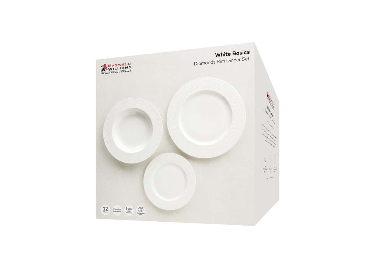 Maxwell & Williams White Basics Diamonds Rim Dinner Set 12pc Gift Boxed