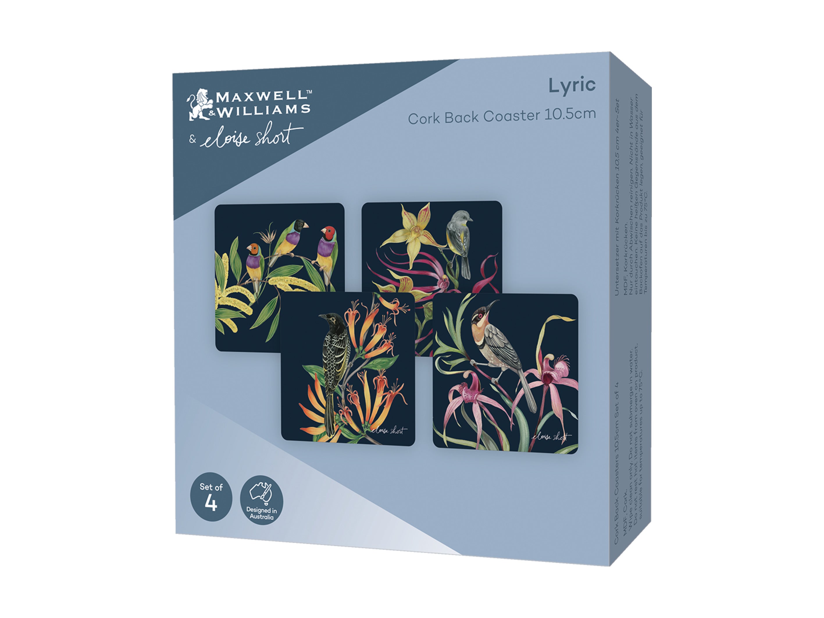 Maxwell & Williams Eloise Short Lyric Cork Back Coasters 10.5cm - Assorted - Set of 4