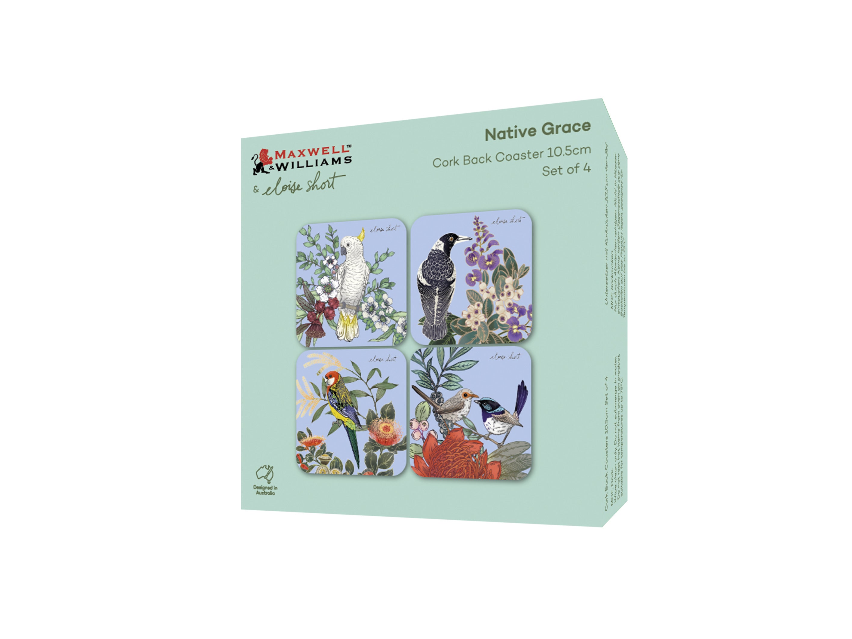 Maxwell & Williams Eloise Short Native Grace Cork Back Coasters 10.5cm Set of 4 Gift Boxed Assorted
