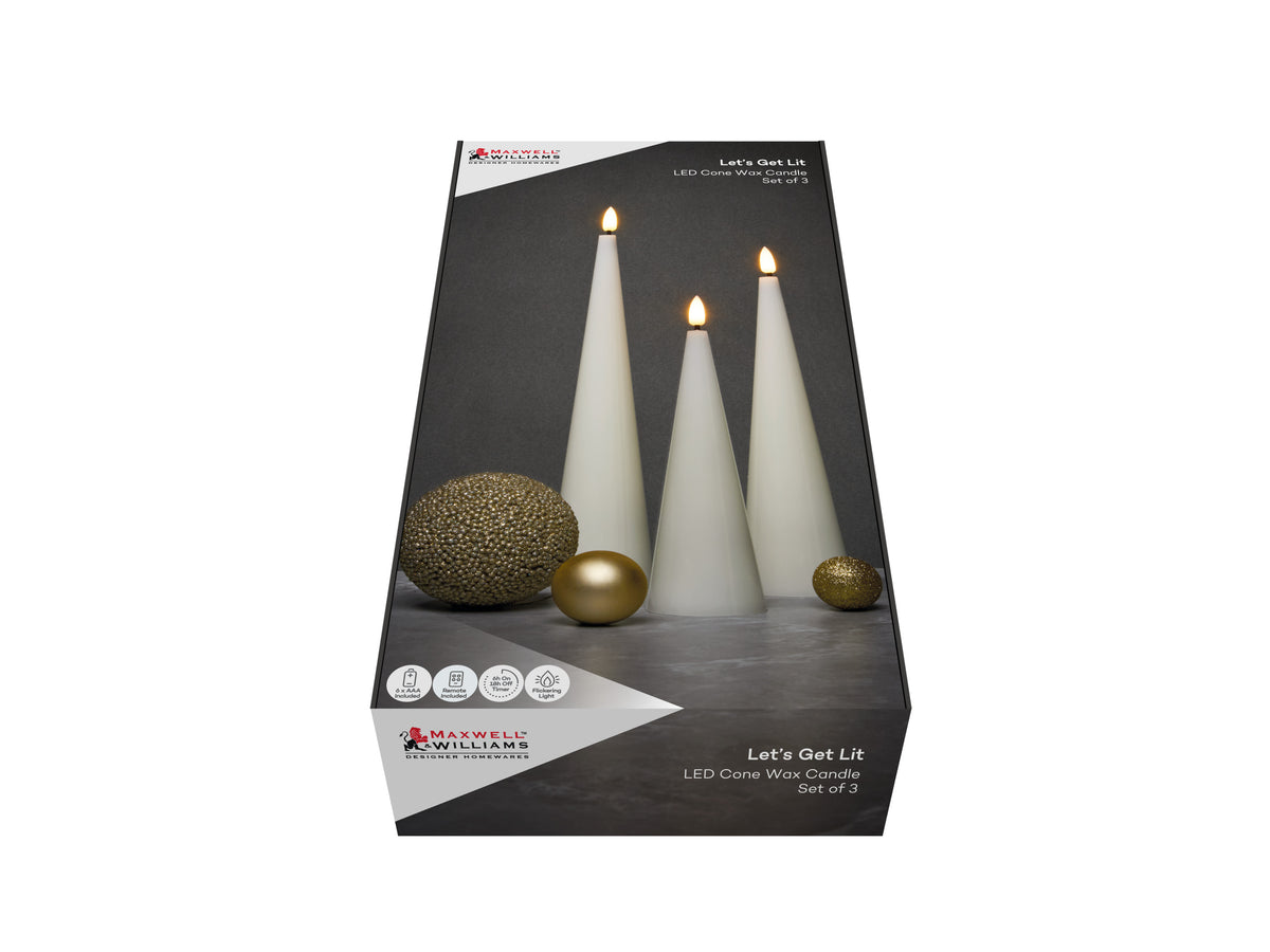 Maxwell & Williams Let's Get Lit Christmas Candle Cone Natural Set of 3 Gift Boxed