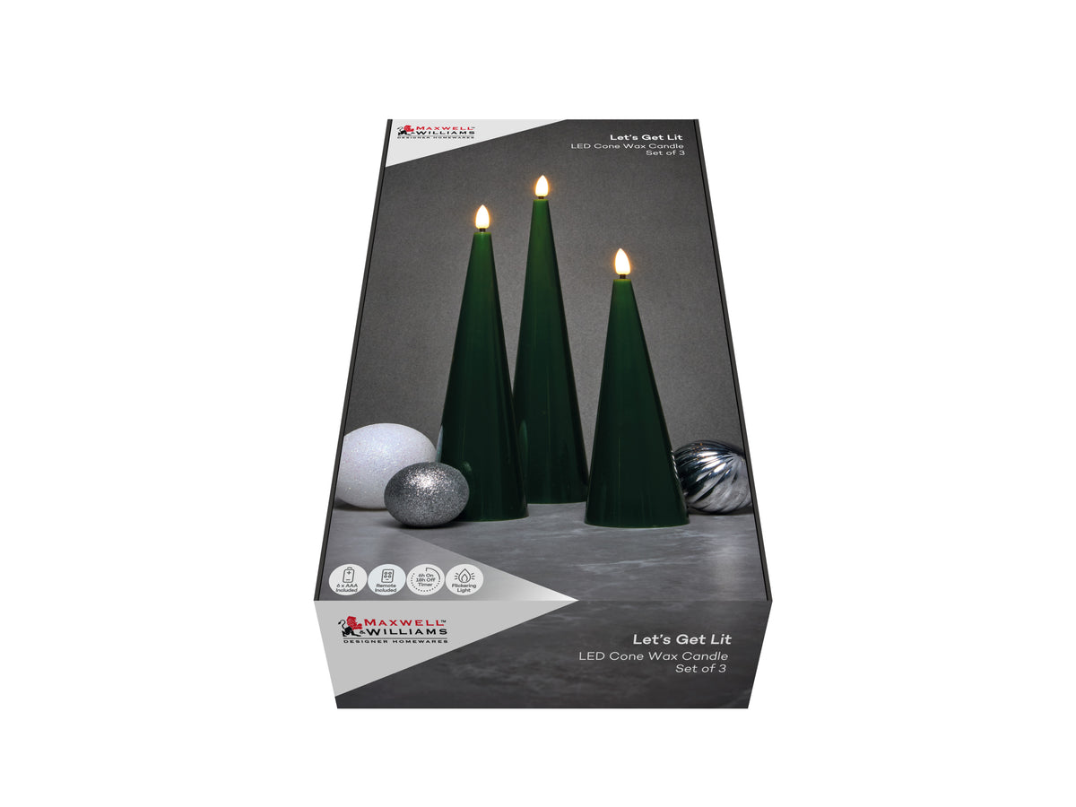 Maxwell & Williams Let's Get Lit Christmas Candle Cone Pine Set of 3 Gift Boxed