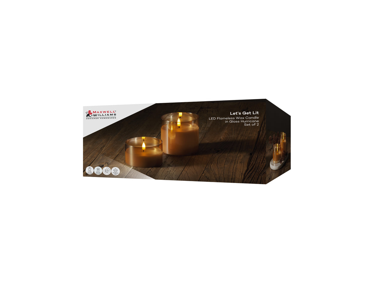 Maxwell & Williams Let's Get Lit LED Flameless Candle Glass Hurricane Gold Set of 2 Gift Boxed
