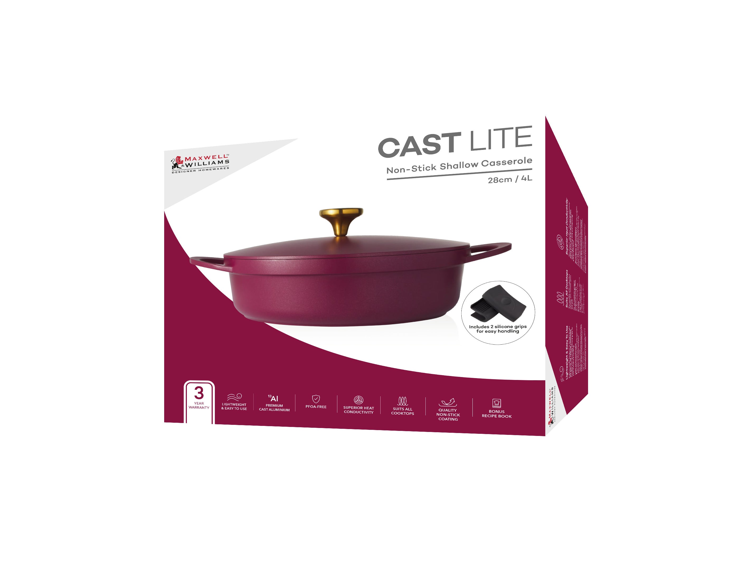 Maxwell & Williams Cast Lite Non-Stick Shallow Casserole 28cm / 4L Cherry Gift Boxed