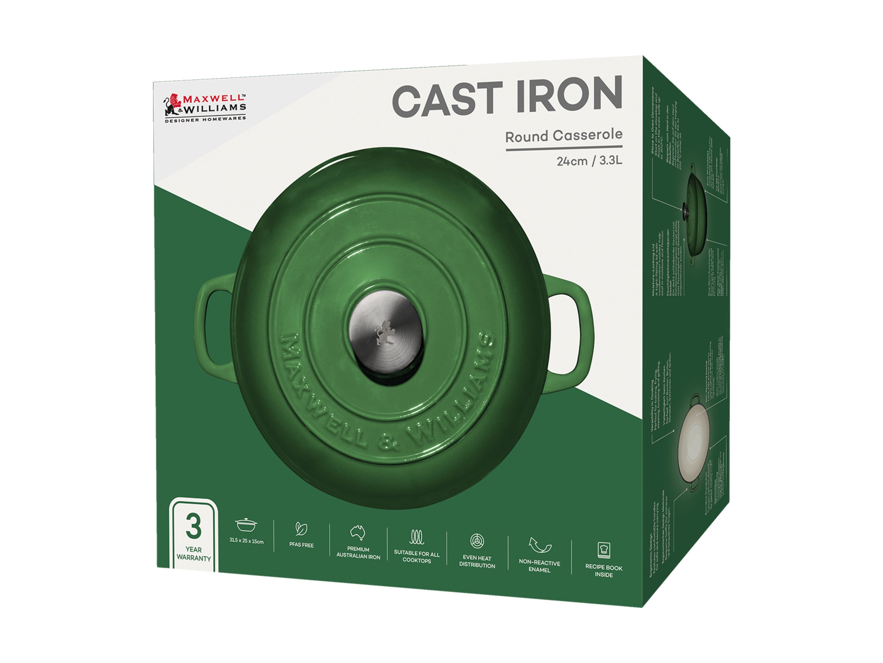 Maxwell & Williams Cast Iron Round Casserole 24cm/3.3L -  English Racing Green