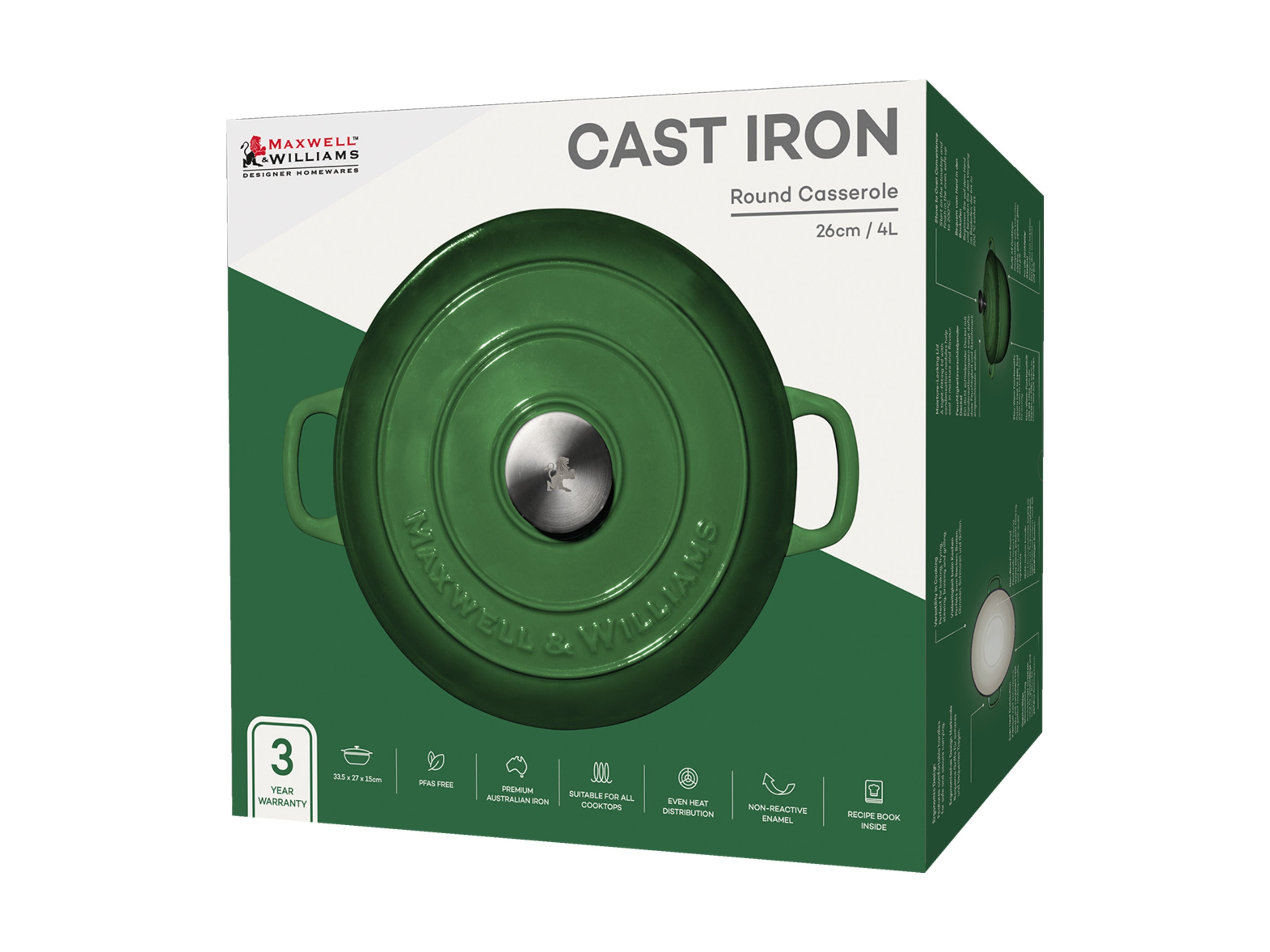Maxwell & Williams Cast Iron Round Casserole 26cm/4L -  English Racing Green