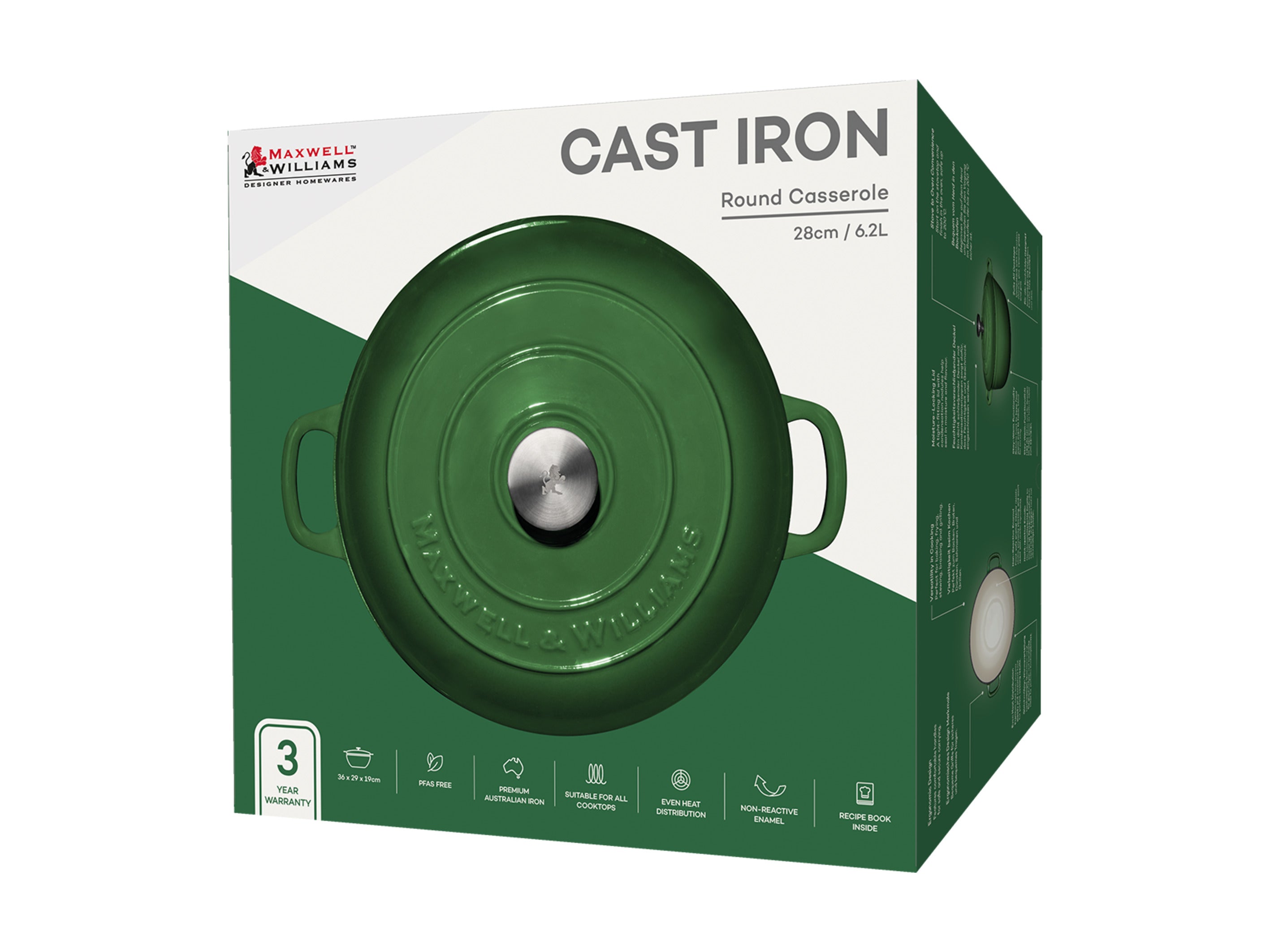 Maxwell & Williams Cast Iron Round Casserole 28cm/6.2L - English Racing Green