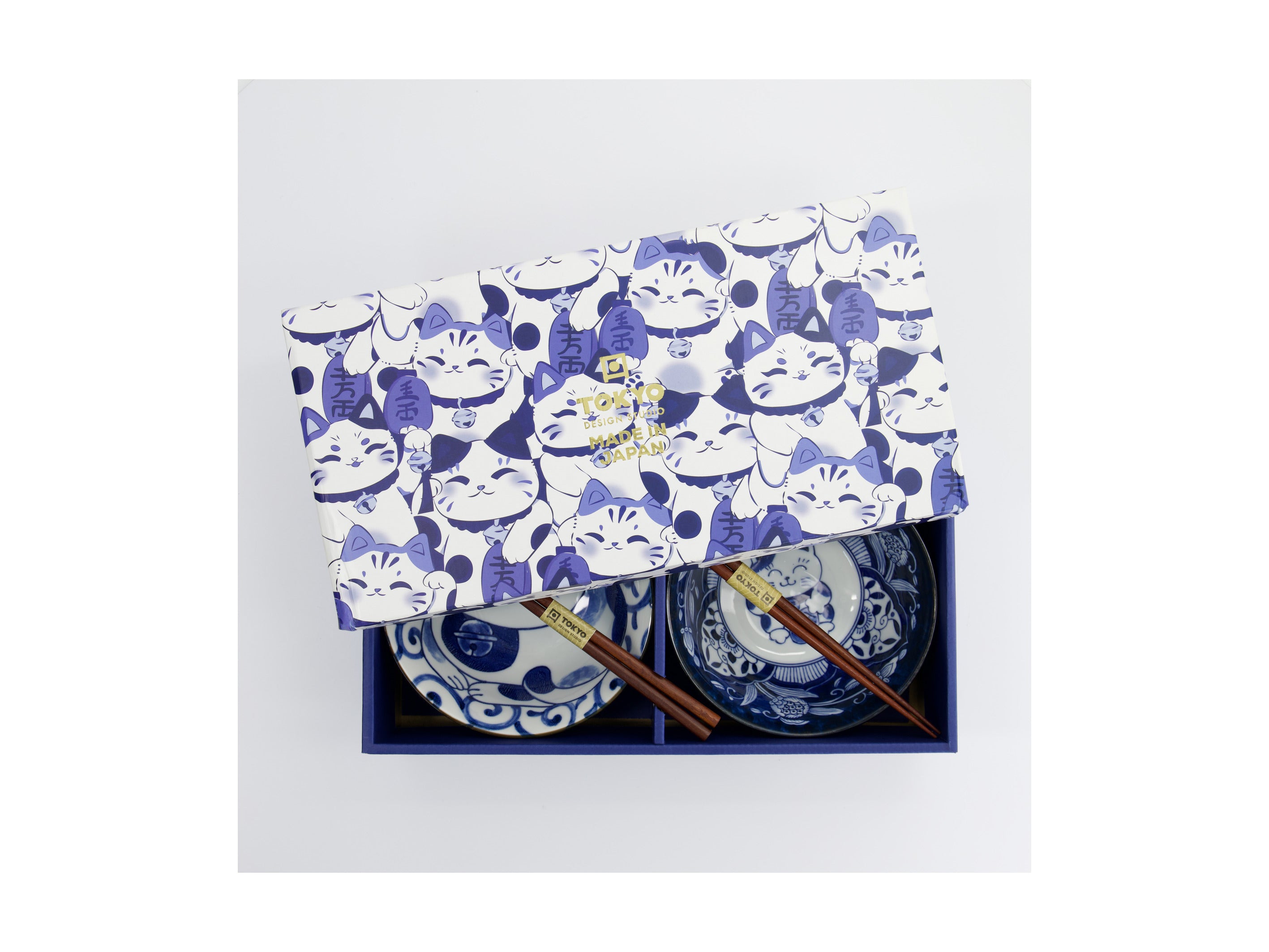 Tokyo Design Studio Kawaii Cat Neko Bowl 2pc With Chopsticks - Swirl Cat - Gift Boxed - Made In Japan