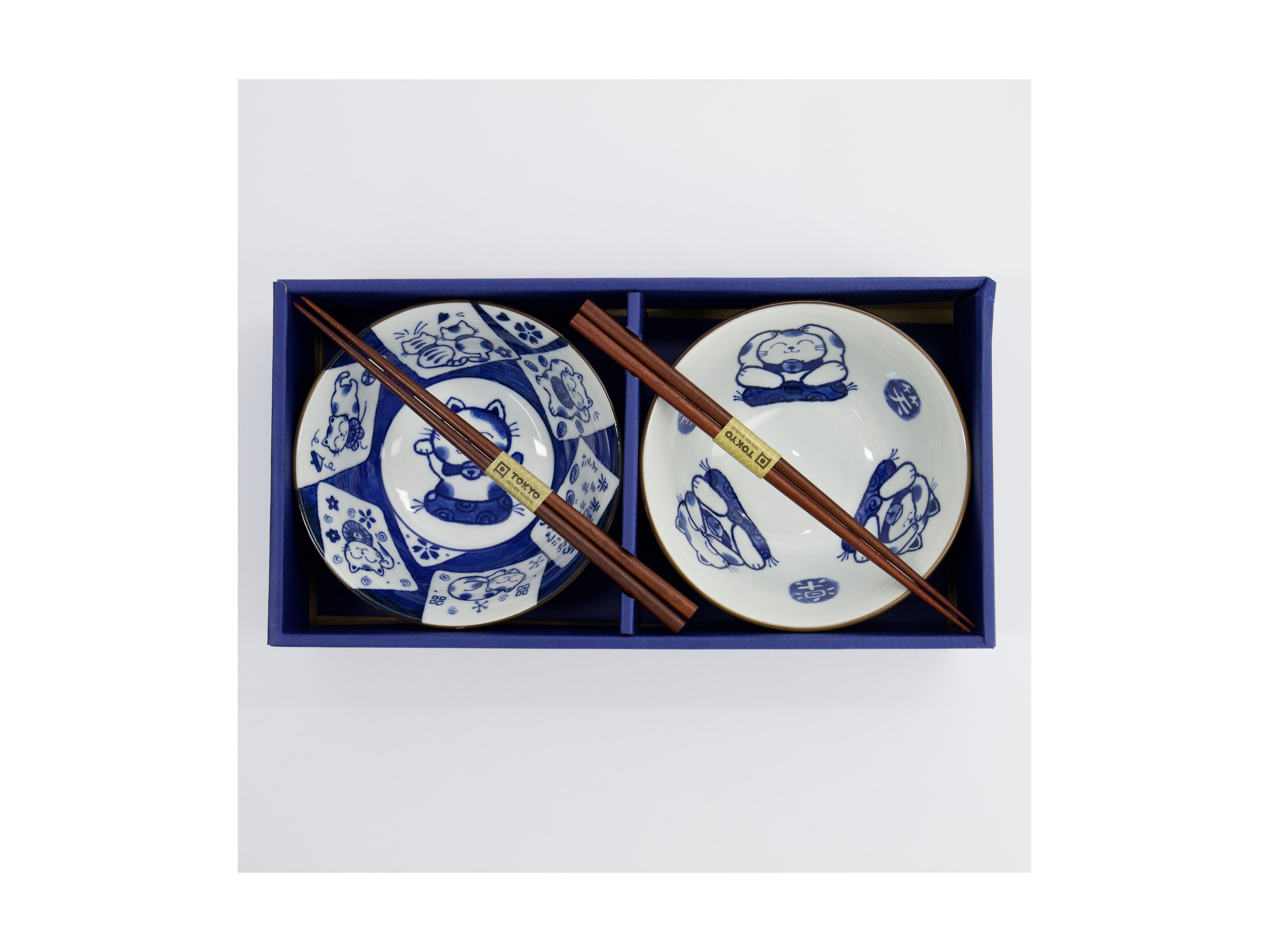 Tokyo Design Studio Kawaii Cat Neko Bowl 2pc With Chopsticks - White Cat - Gift Boxed - Made In Japan
