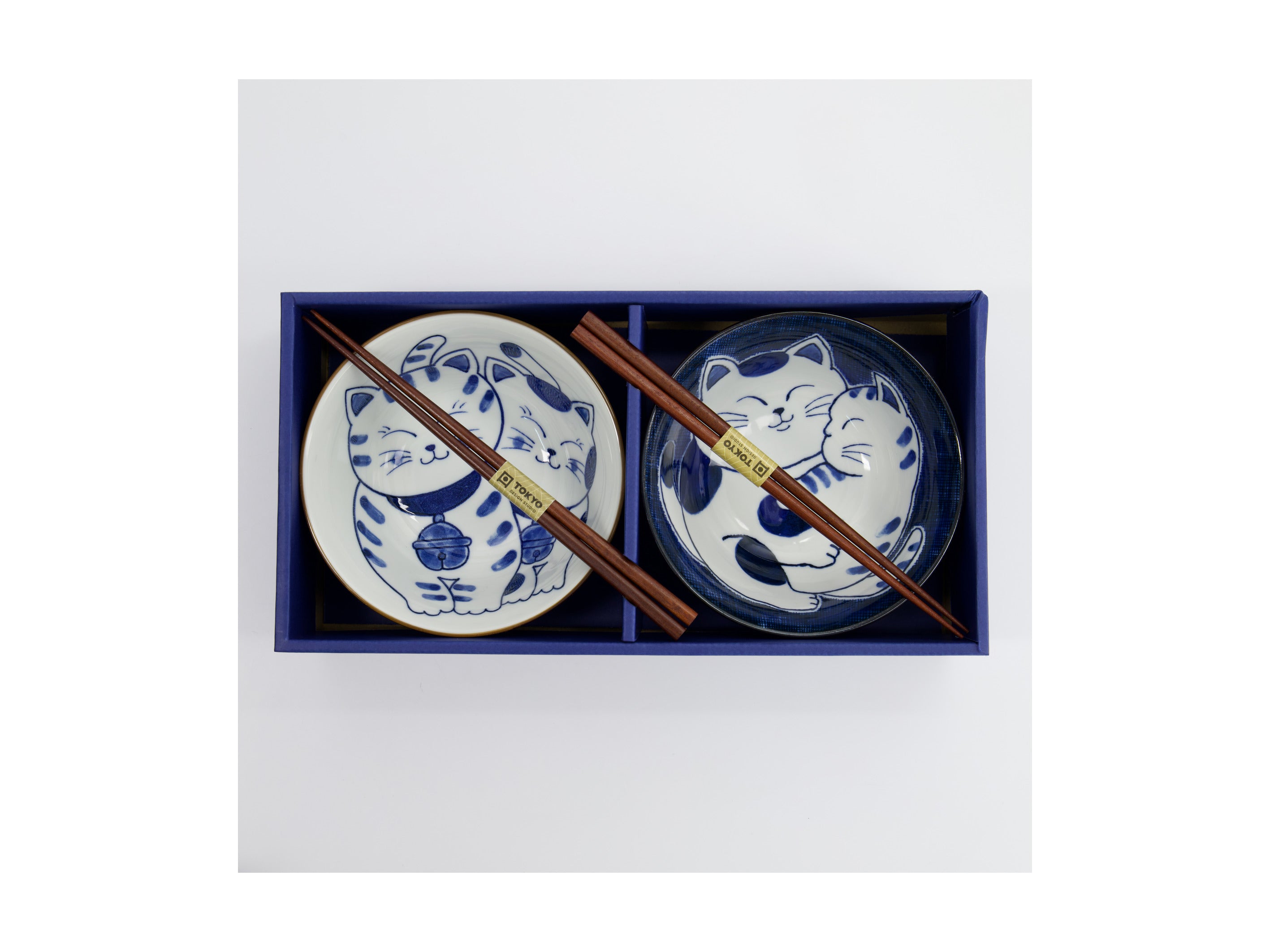Tokyo Design Studio Kawaii Cat Neko Bowl 2pc With Chopsticks - Twin Cat - Gift Boxed - Made In Japan