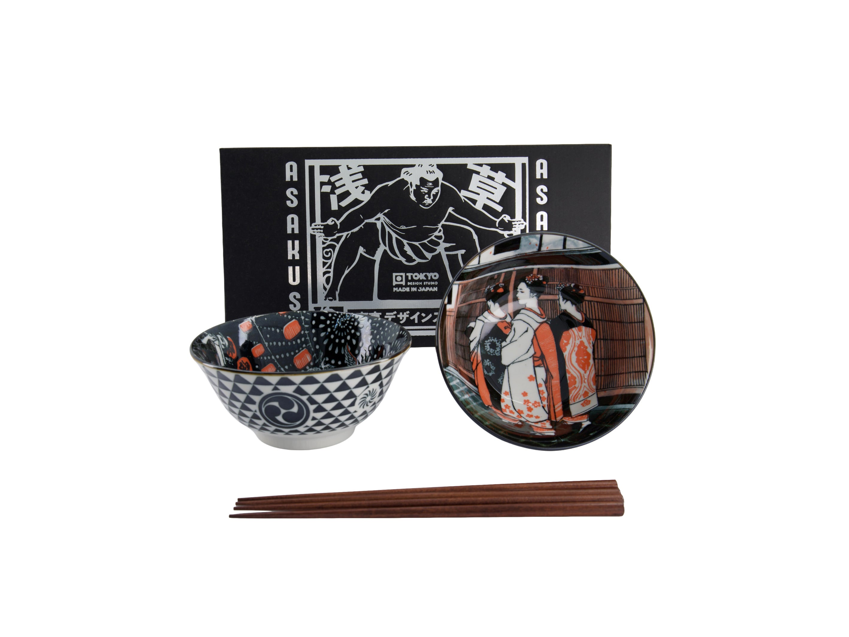 Tokyo Design Asakusa Tayo Bowl 2pc With Chopsticks Geisha - Gift Boxed
