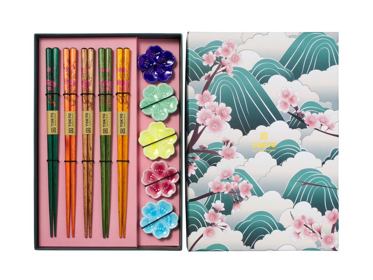 Tokyo Design Chopstick Fujisakura Chopsticks with Rest 10pc Gift Boxed Assorted