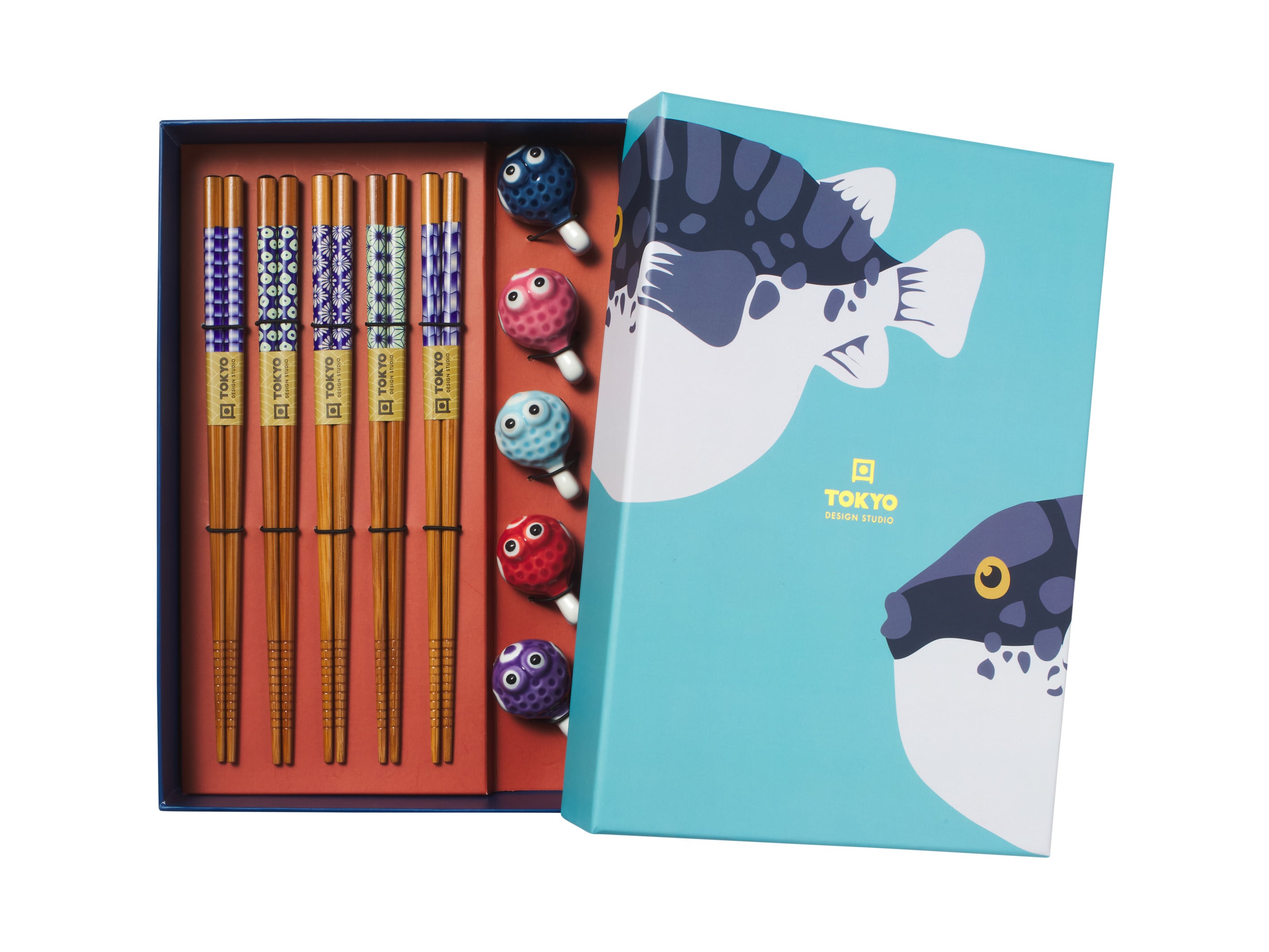 Tokyo Design Chopstick Blow Fish Chopsticks with Rest 10pc Gift Boxed Assorted