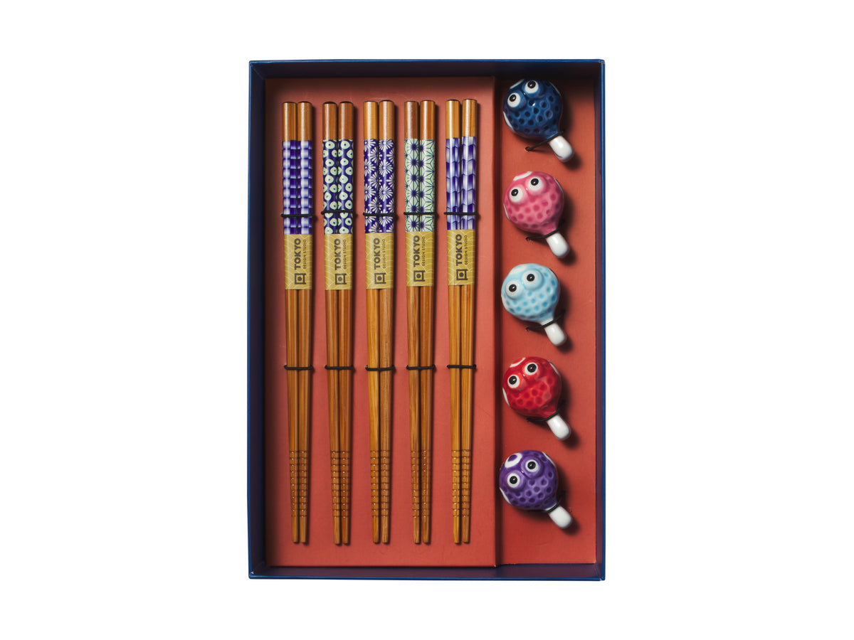Tokyo Design Chopstick Blow Fish Chopsticks with Rest 10pc Gift Boxed Assorted
