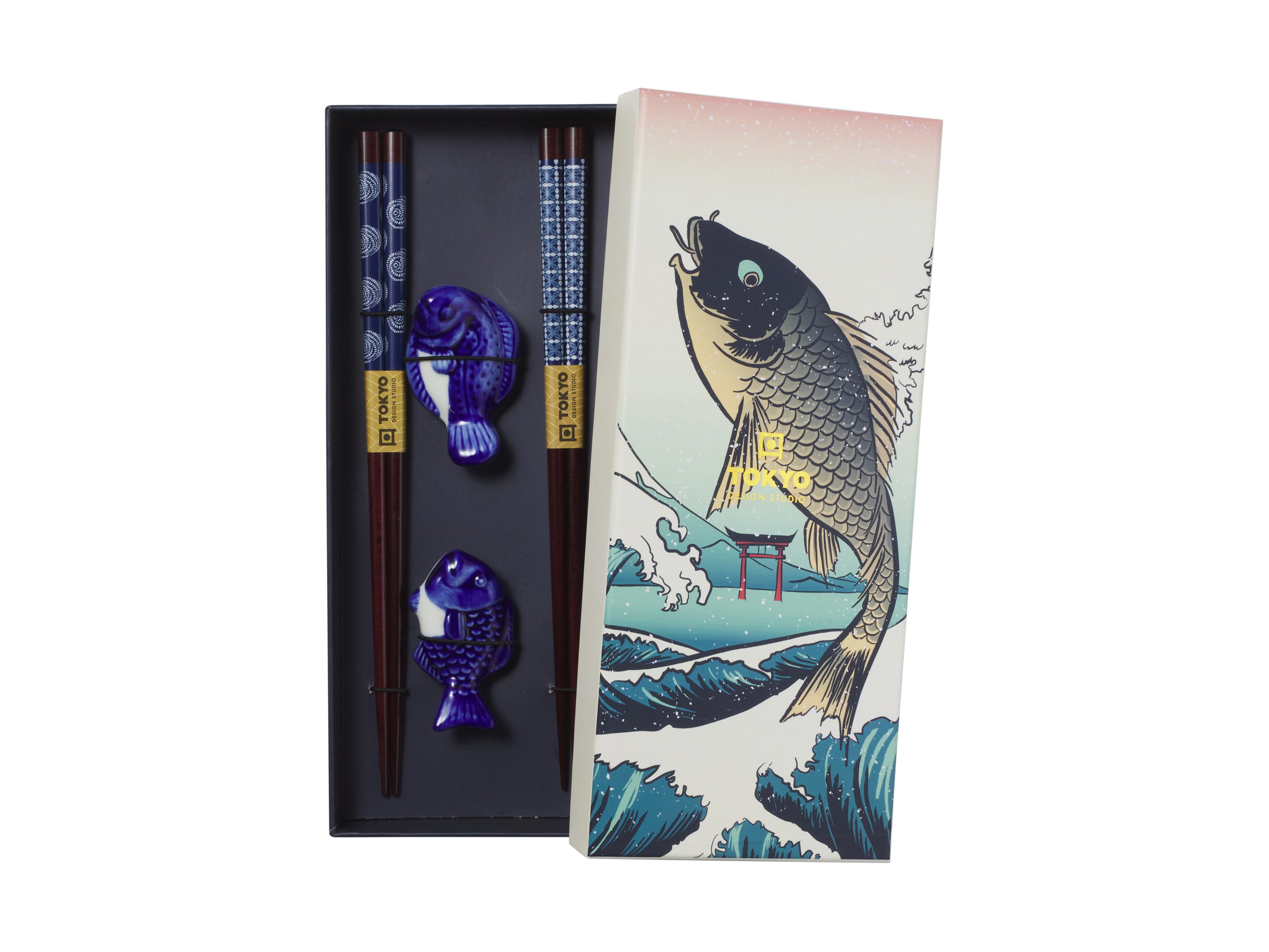 Tokyo Design Chopstick Blue Fish Chopsticks with Rest 4pc Gift Boxed Assorted